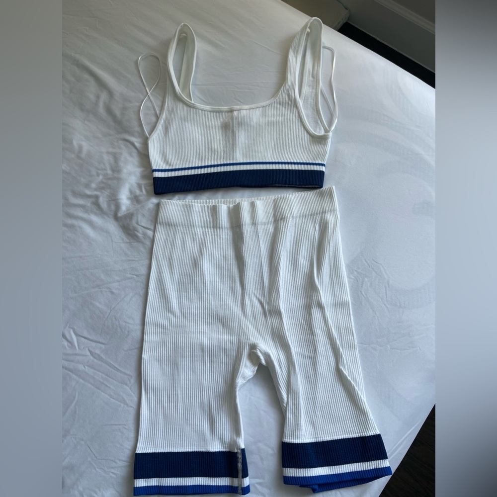 Zara White and Blue Ribbed Jumpsuit